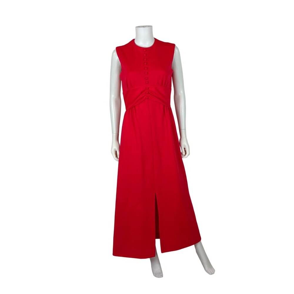 Vintage 60s Red Maxi Dress Womens Small Double Knit Polyester Front Slit